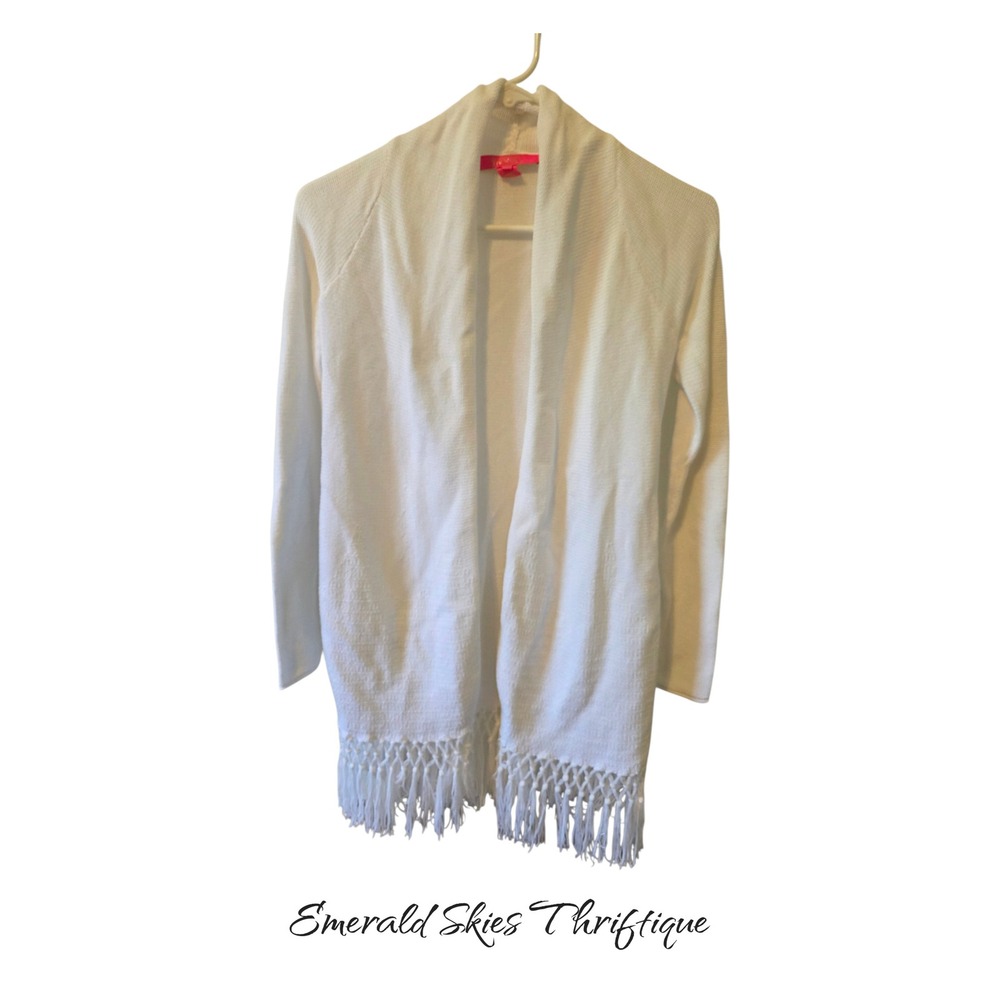 Lilly Pulitzer Tatum Cardigan SZ XXS White Fringe Tassel Long Sweater Knit